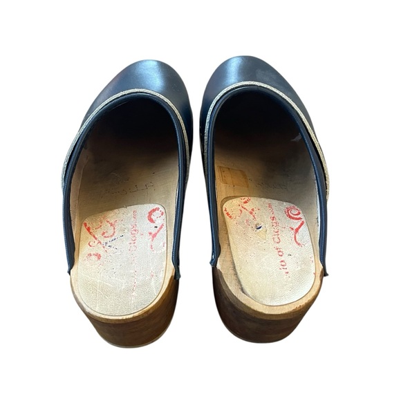 Vintage Wooden Sole Navy Leather Slip On Scandinavian Style Clogs EU 40 USA 9 - Picture 3 of 9